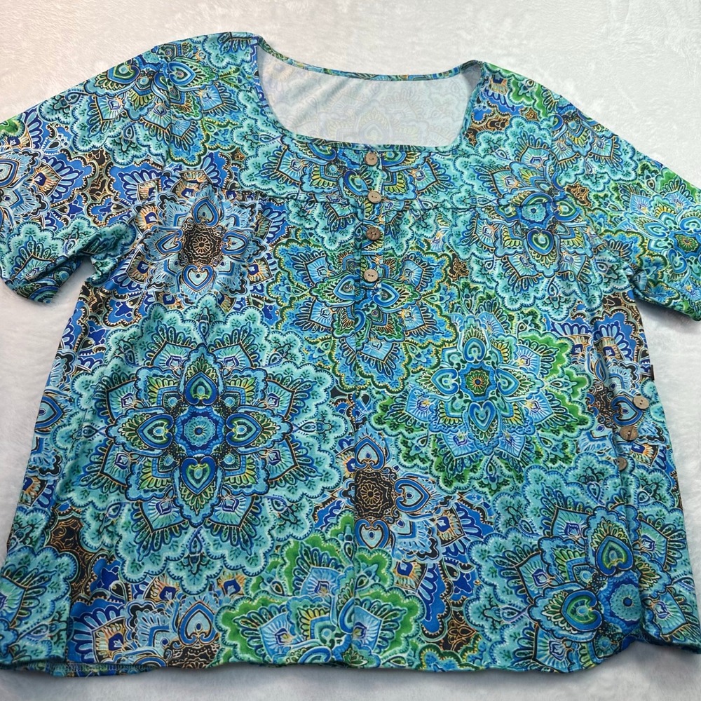 NWOT Plus Top Women 3XL Blue Green Mandala Paisley Square Neck Short Sleeve Boho